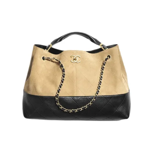 CHANEL Замша с кожаными вставками сумка для покупок одно плечо большая женская бежевый и черный
