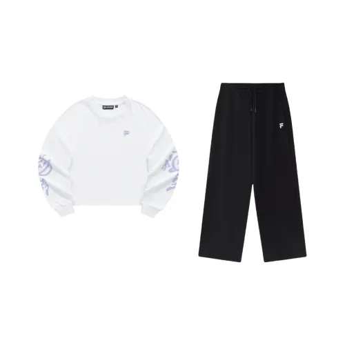 FILA FUSION QR Одежда Наборы Стандартный белый Топ + Глубокий черный Брюки Женские Повседневные костюмы