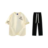Комплект одежды (Бежевая Желтая Футболка + Черные Повседневные Штаны)