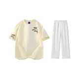 Комплект одежды (Бежевая Желтая Футболка + Белые Серые Фотиния Повседневные Штаны)