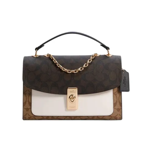 COACH Lane Покрытый холст с кожаными вставками сумка среднего размера женский коричневый белый