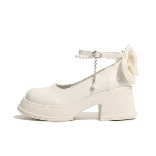 7 SEVFUN Сладкий стиль Фея Стиль Перламутровый бант Элегантность Мягкий Крупный каблук Туфли Мэри Джейн Женские