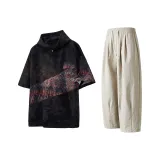 Tie-Dye Черная Короткая Рубашка с Коротким Рукавом + Серые Бежевые Повседневные Штаны