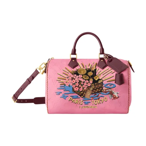 LOUIS VUITTON NIGO Collaboration Speedy Ткань с коровья кожа Комбинированная Сумка через плечо Сумка Женская Розовая
