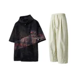 Tie-Dye Черная Короткая Рубашка с Коротким Рукавом + Светло-Зеленые Повседневные Штаны