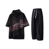 Tie-Dye Черная Короткая Рубашка с Коротким Рукавом + Универсальные Черные Повседневные Штаны