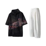 Tie-Dye Черная Короткая Рубашка с Рукавами + Экрю Повседневные Штаны