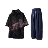 Tie-Dye Черная Короткая Рубашка с Рукавами + Темно-Синие Повседневные Штаны