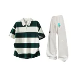 Зеленый полосатый топ + белые серые штаны