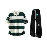 Зеленый топ с полосами + черные штаны