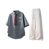 Светло-серая рубашка с коротким рукавом + бело-серые штаны Фотиния