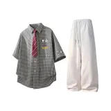 Черная рубашка с коротким рукавом + белые штаны Фотиния серого цвета