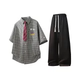 Черная рубашка с короткими рукавами + черные штаны