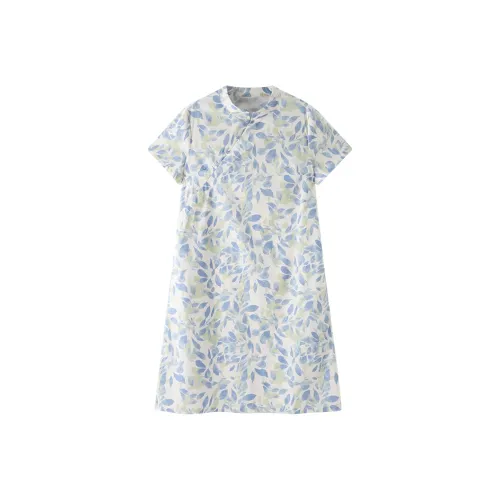 X MOOM Голубой цветок Женские Платья с Коротким Рукавом