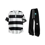 Черно-белый полосатый топ + черные штаны