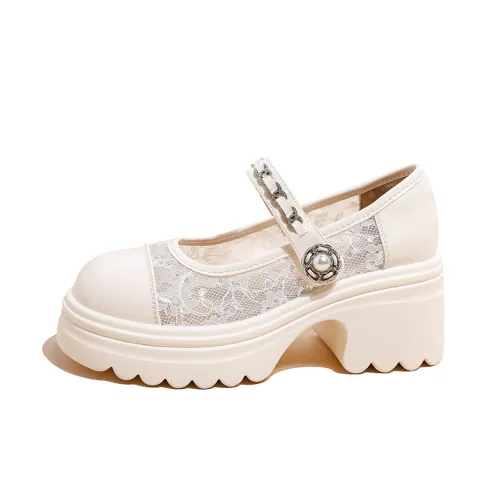 Ouumeis Грубый каблук Туфли Мэри Джейн Женские Экрю