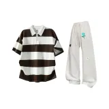 Коричневый, полосы, топ + белые и серые штаны