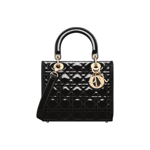 DIOR Lady Dior Лакированная кожа Коровья кожа Сумка Lady Dior Сумка через плечо Сумка Маленькая Женская Черная