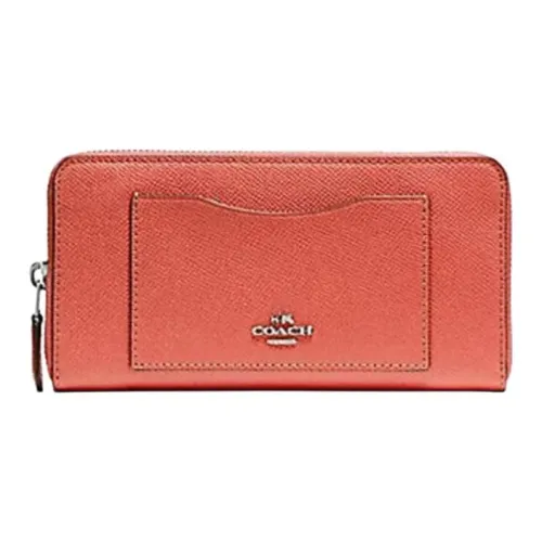 COACH Accordion Zip Wallet Крестовая текстура Кожа Кошелек Маленький Женский Коралловый Красный