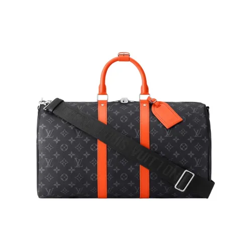 LOUIS VUITTON Keepall Monogram Eclipse Покрытый холст Дорожная сумка Сумка Мужская Черный и Оранжевый