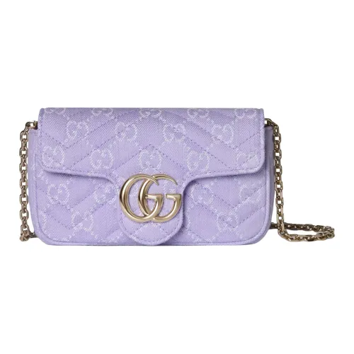 GUCCI GG Marmont Denim Ткань Плечевая Сумка Мини Женская Светло-Фиолетовая