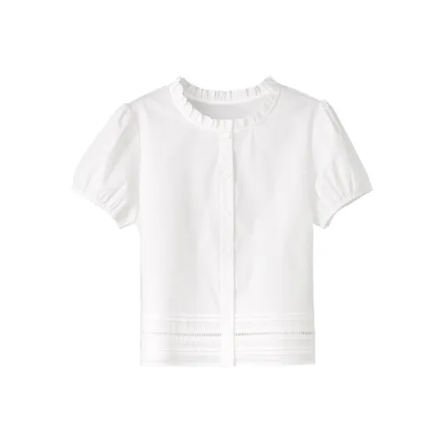 Fstudio Летний Корейский стиль Рюш Кружевная отделка Повседневная Короткая рукавная рубашка Женская