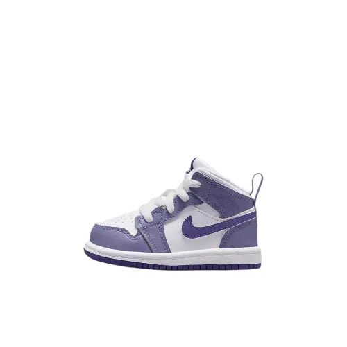 Jordan 1 Устойчивый к истиранию MID Топ Обувь для малышей Белый фиолетовый Infant And Toddler