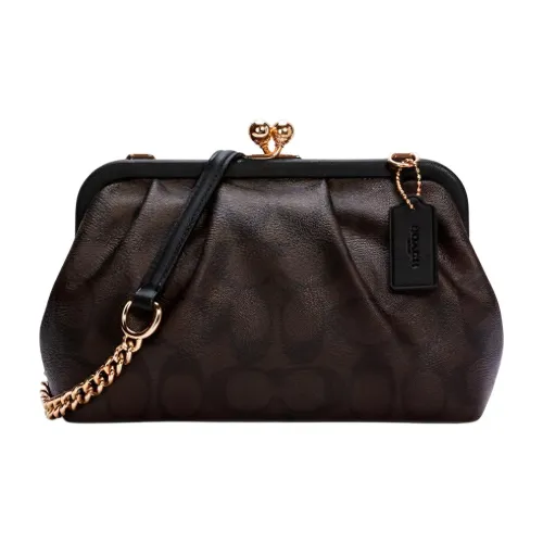 COACH Kisslock Холст и Кожа Облачная Сумка Сумка с Цепочкой Сумка через плечо Женская Темно-Коричневая Монограмма