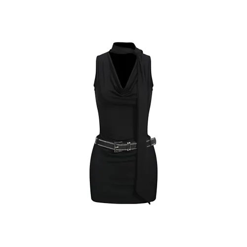 COHX Черное платье с ремнем, женское, без рукавов