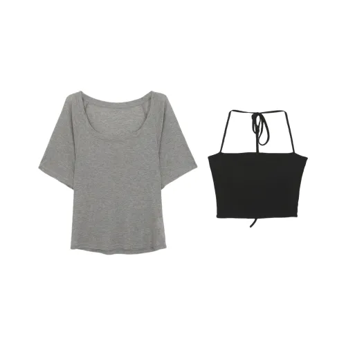 Pa33word Серый T Рубашка + Черный Камисоль Женские T Рубашки