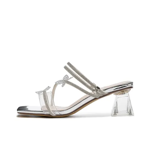 JOSINY Устойчивый к истиранию Сопротивляющийся запахам Толстый каблук Открытый носок Высокий каблук 5,2 см Верхняя одежда Слипоны Женские Серебряный