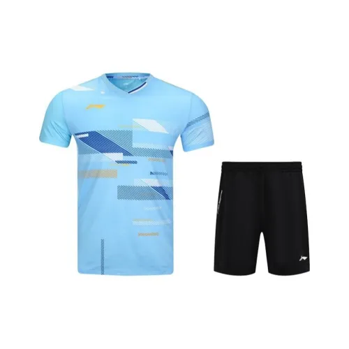 LINING Одежда Комплект Лунно-белый Синий Топ + Черный Низ Унисекс Бадминтонные Джерси