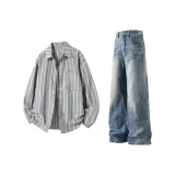 Кофейный топ + синие штаны