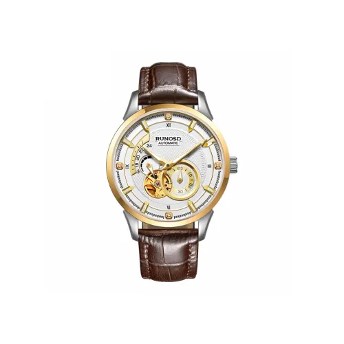 RUNOSD Автоматический механический механизм кожаный ремешок часы для мужчин белый циферблат