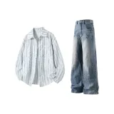 Топ экрю + синие штаны