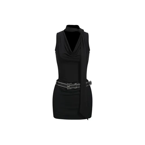 SKYA Черное платье с ремнем, женское, без рукавов