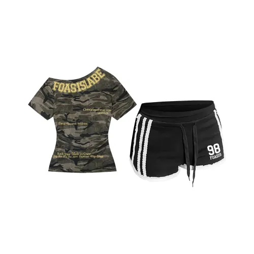 FOASIS Камуфляж Топ + Черные Шорты Женские Повседневные Костюмы