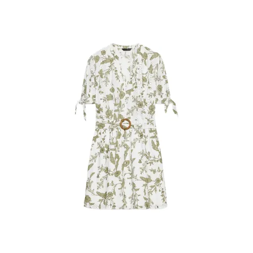 ZARA Светло-бежево-желтый/Хаки Женские Короткие Платья с Рукавами