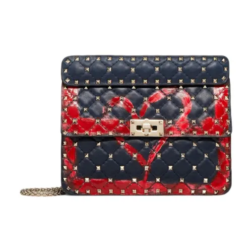 Valentino ROCKSTUD SPIKE Nappa Lambskin Portable Crossbody Bag Shoulder Bag Medium Women's Red Dark Blue Валентино ROCKSTUD SPIKE Nappa Коровья кожа Портативная сумка через плечо плечевая сумка среднего размера Женская Красная и Темно-синяя