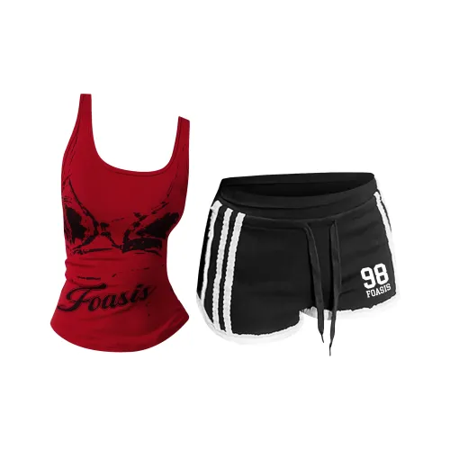 FOASIS Красный топ + Черные шорты Женские повседневные костюмы