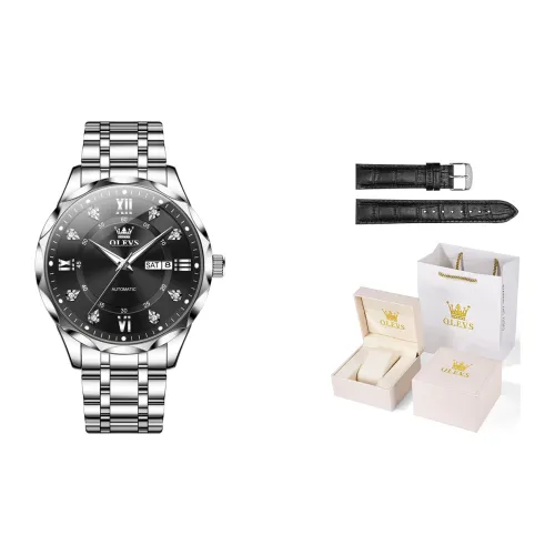 OLEVS Механический механизм ремешок из нержавеющей стали черный циферблат мужские часы