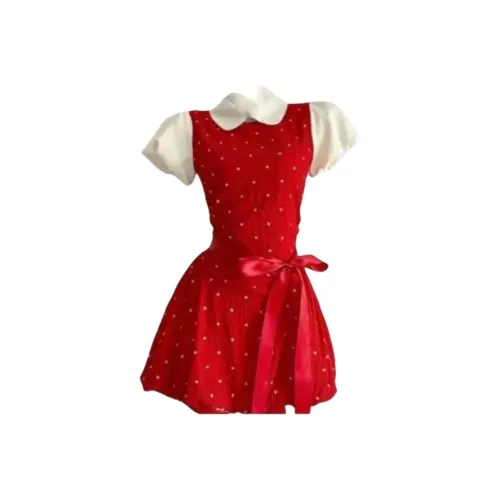 PZGE Red Cream Платье Женские Короткие Платья с Рукавами