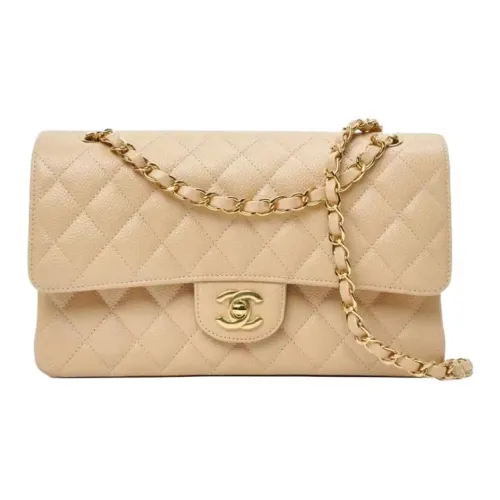 CHANEL Classic Flap CF Рельефная Телячья Кожа Сумка с Клапаном Сумка через плечо Средняя Женская Бежевая