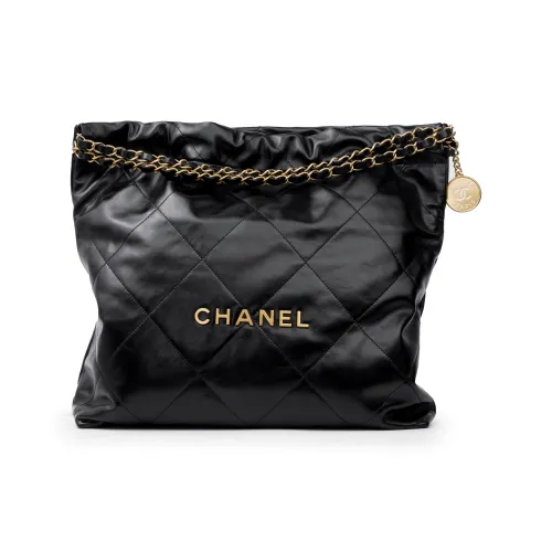 CHANEL 22Bag Блестящий Телячья кожа Тоут Сумка Сумка для покупок Сумка на плечо Женская Черная с Золотым текстом