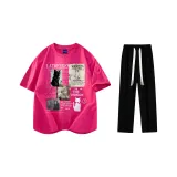Комплект одежды (Розовая и красная футболка + черные повседневные штаны)