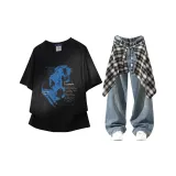 Чёрный + Винтажный Синий Брюки