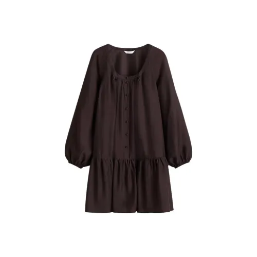 H&M Темно-кофейные Женские Платья с Длинным Рукавом