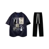 Комплект одежды (Темно-синяя футболка + черные повседневные штаны)