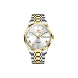 Стальной ремешок с белым циферблатом.