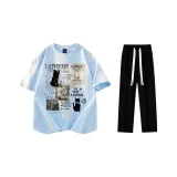 Комплект одежды (Светло-синяя футболка + Черные повседневные штаны)